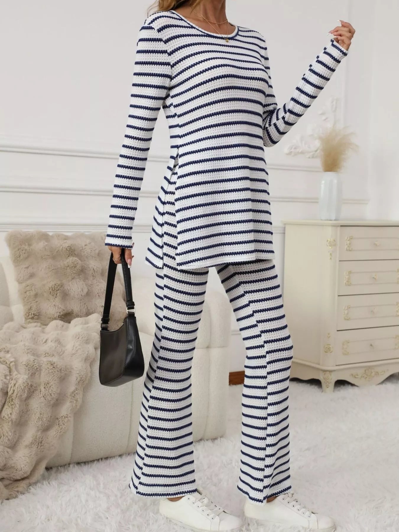 Slit Striped Long Sleeve Top and Pants Set OutfitFlow