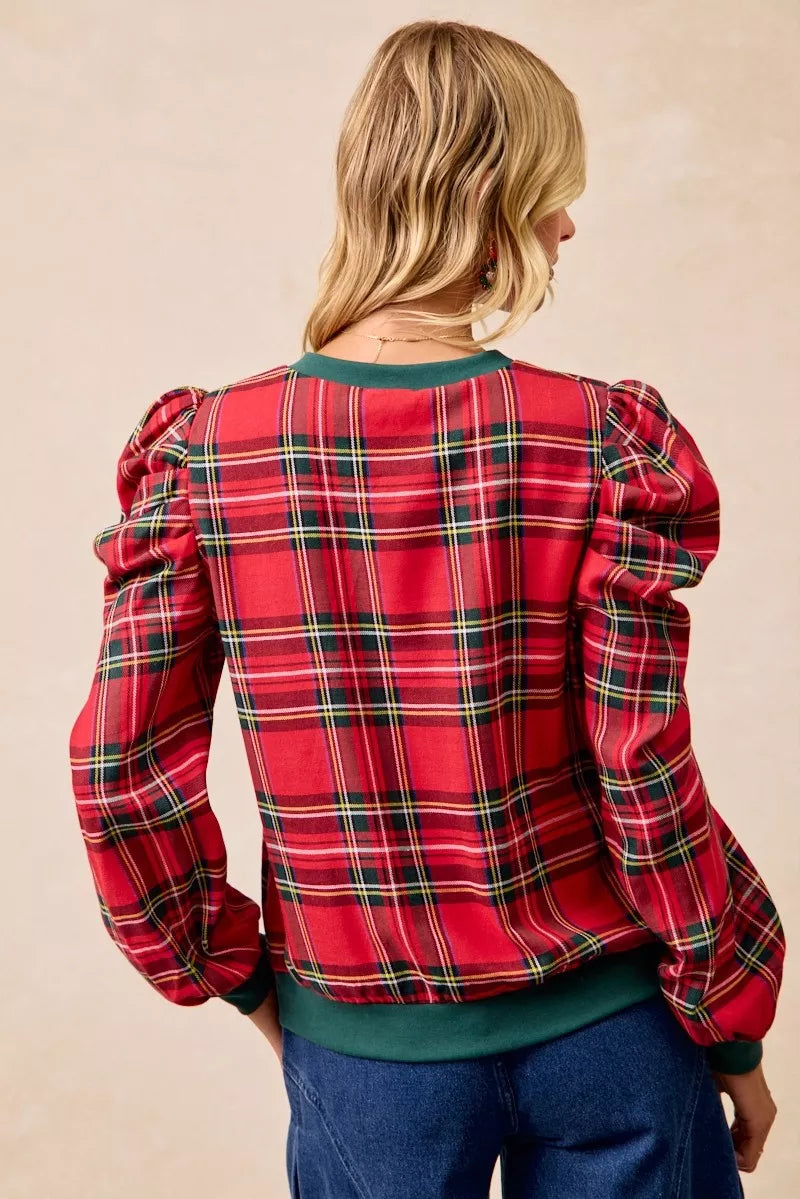 BiBi Christmas Plaid Exaggerated Shoulder Sleeves Top OutfitFlow