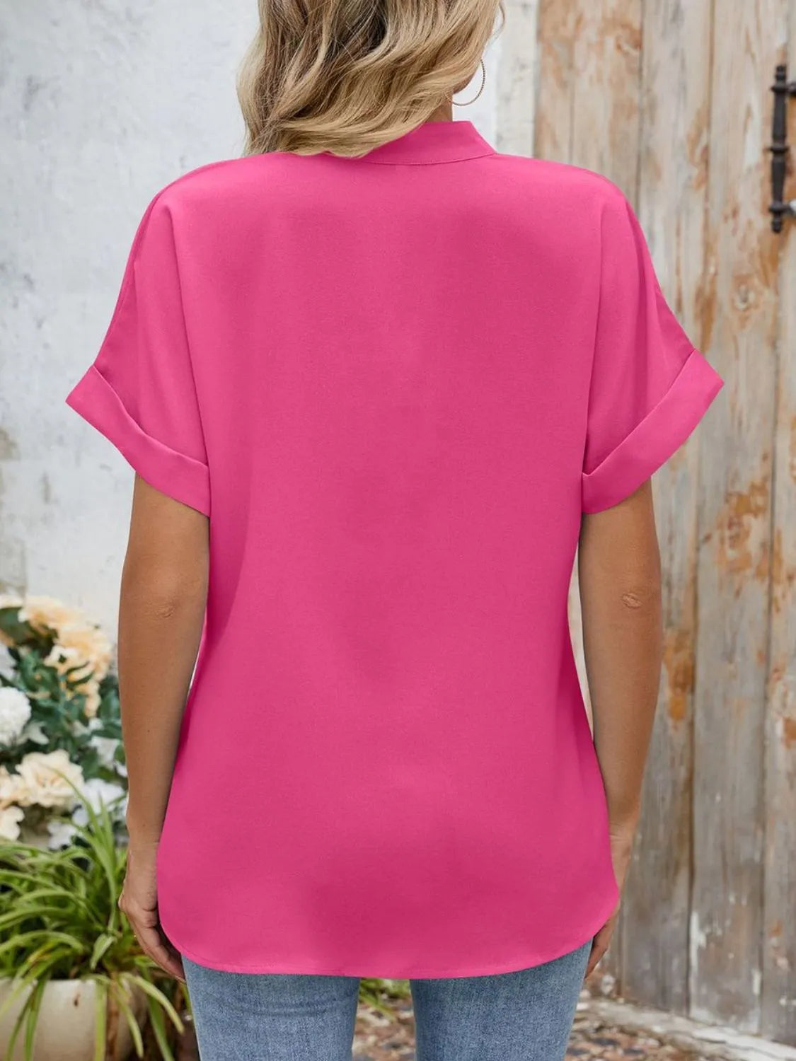 Notched Short Sleeve Blouse OutfitFlow