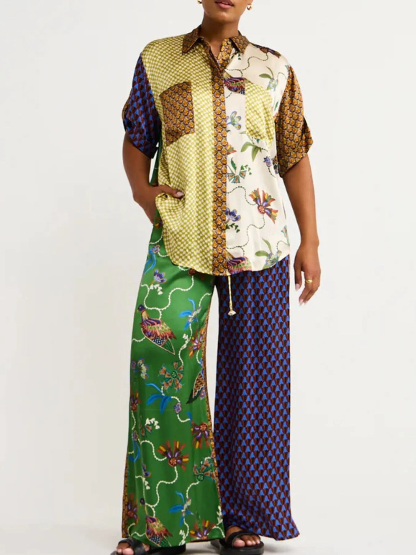 Printed Button Down Shirt and Pants Set OutfitFlow