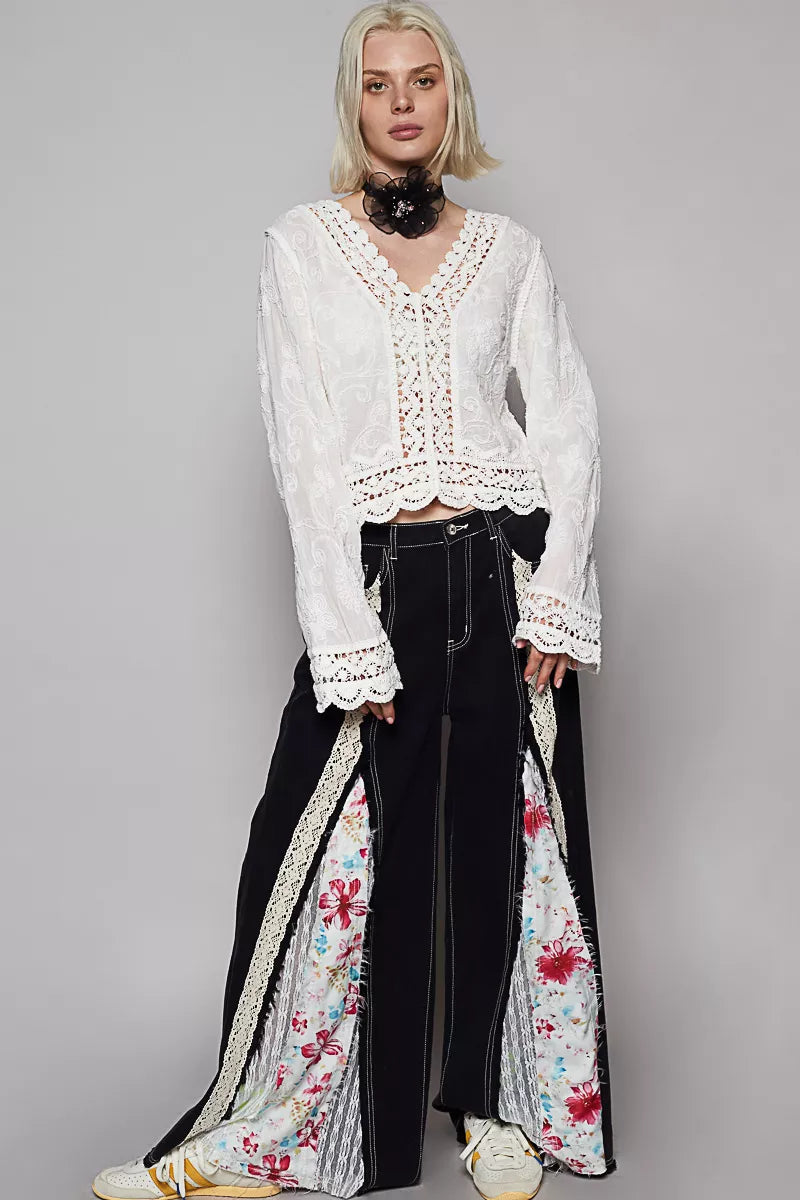 POL Long Sleeve Cropped Crochet Top with Floral Embroidery Detail OutfitFlow