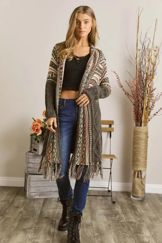 ADORA Full Size Fringe Hem Aztec Cardigan Plus Size BLACK OutfitFlow