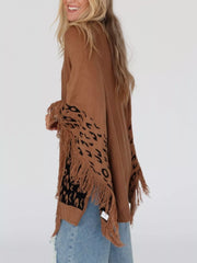 Fringe Leopard Mock Neck Batwing Sleeve Knit Top OutfitFlow