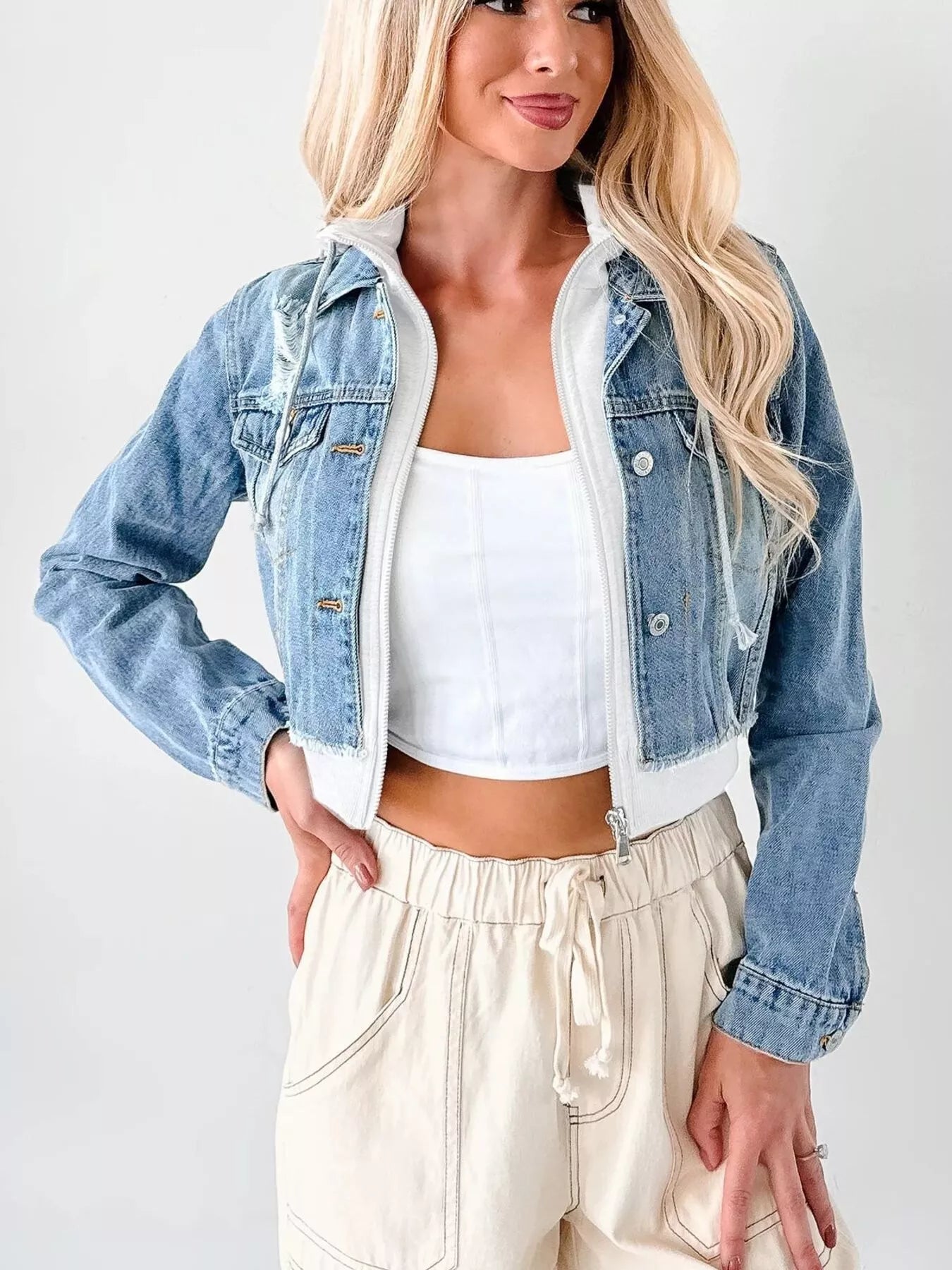 Distressed Zip Up Cropped Hooded Denim Jacket OutfitFlow