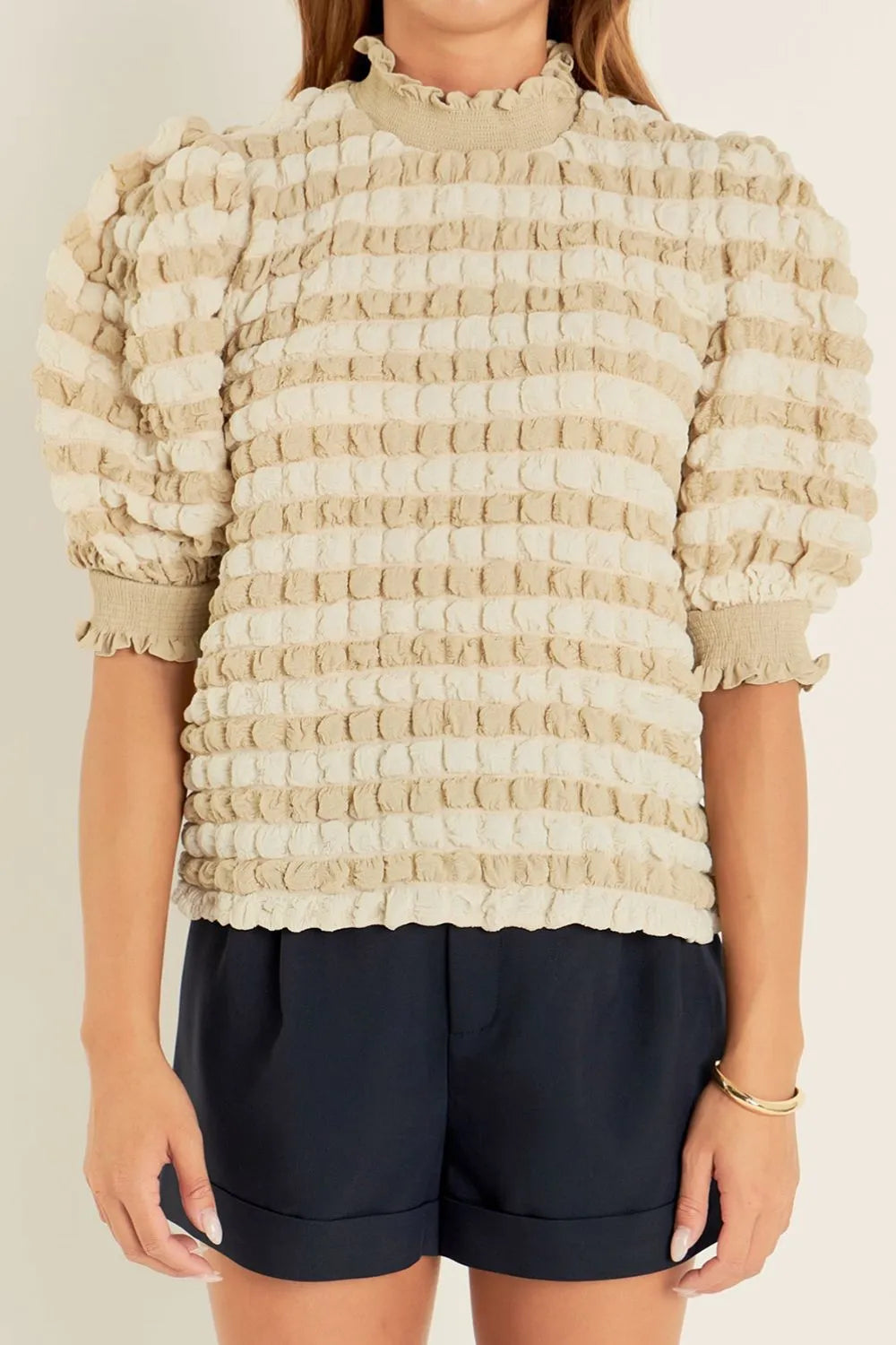 Textured Mock Neck Short Sleeve Blouse OutfitFlow