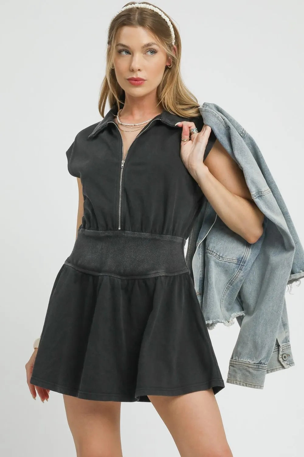 Umgee Zip Front Cap Sleeve Mini Dress Black OutfitFlow
