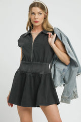 Umgee Zip Front Cap Sleeve Mini Dress Black OutfitFlow