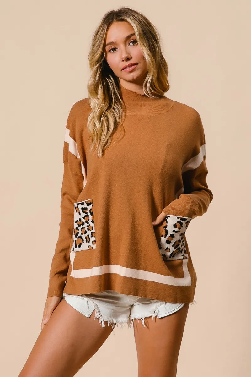BiBi Mock Neck Sweater with Leopard Pocket OutfitFlow