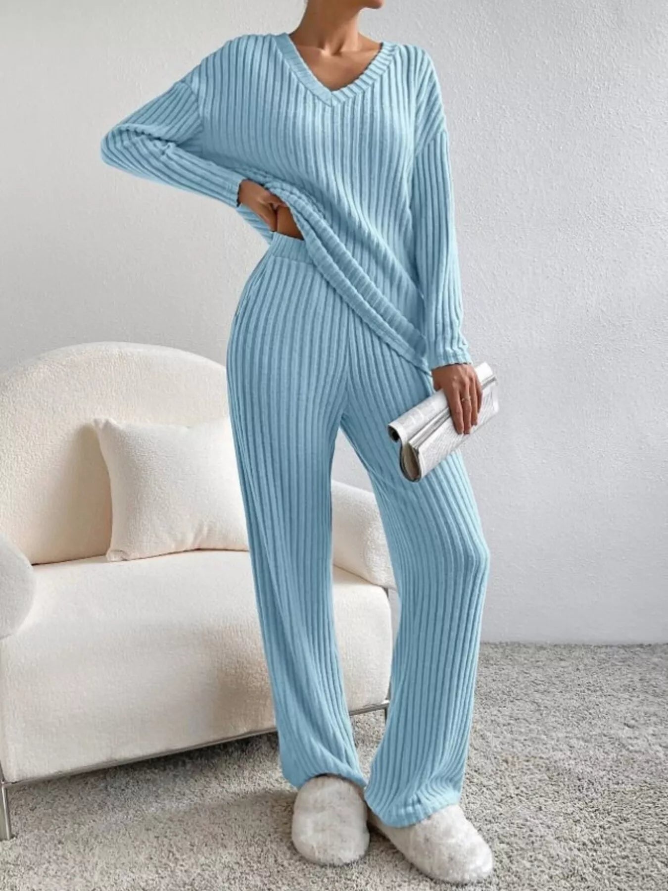 Ribbed Knit V-Neck Top and Pants Set OutfitFlow