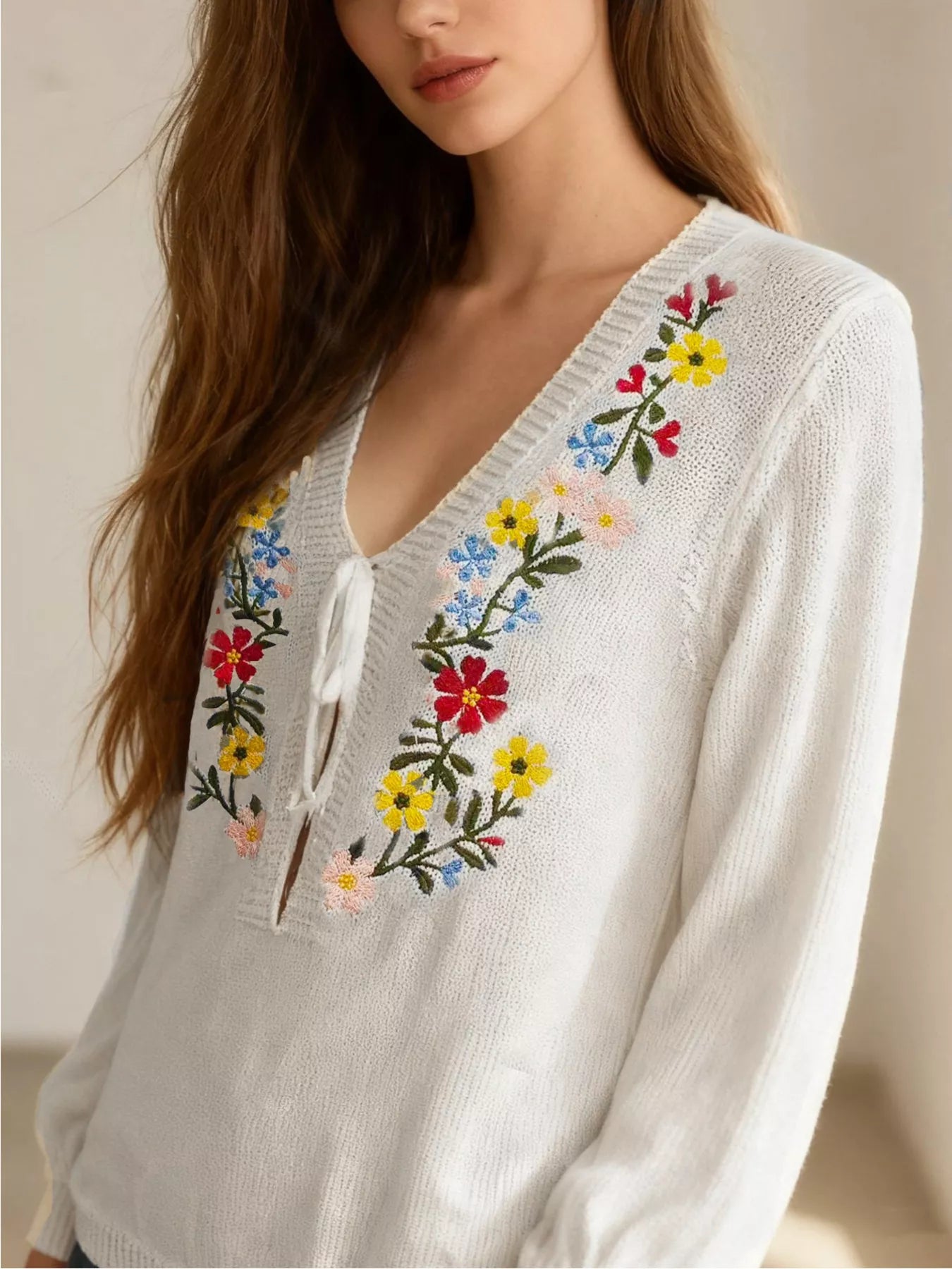 Floral Embroidered V-Neck Sweater OutfitFlow