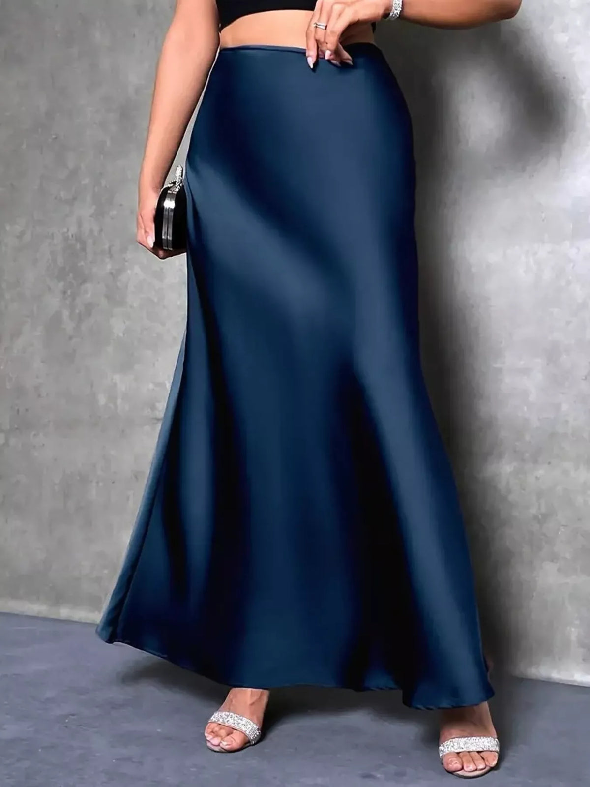 Satin High Waist Maxi Skirt Navy OutfitFlow