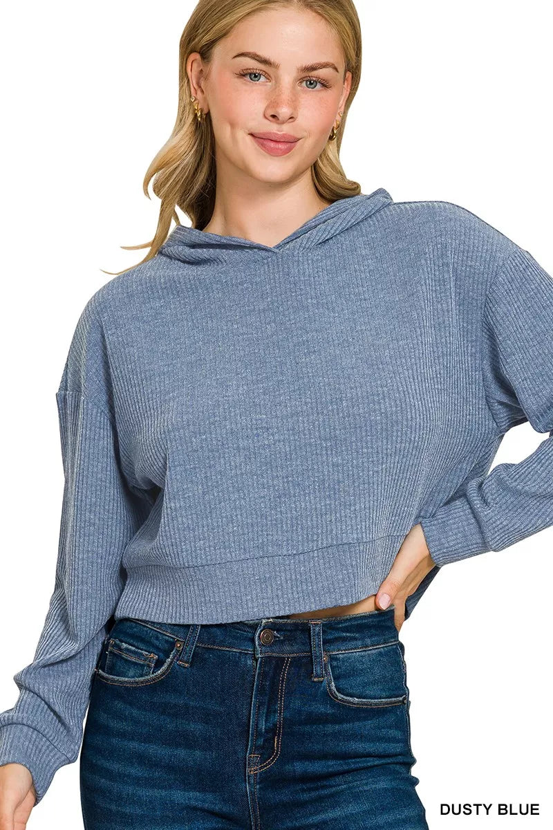 Zenana Drop Shoulder Ribbed Crop Hoodie DUSTY BLUE OutfitFlow