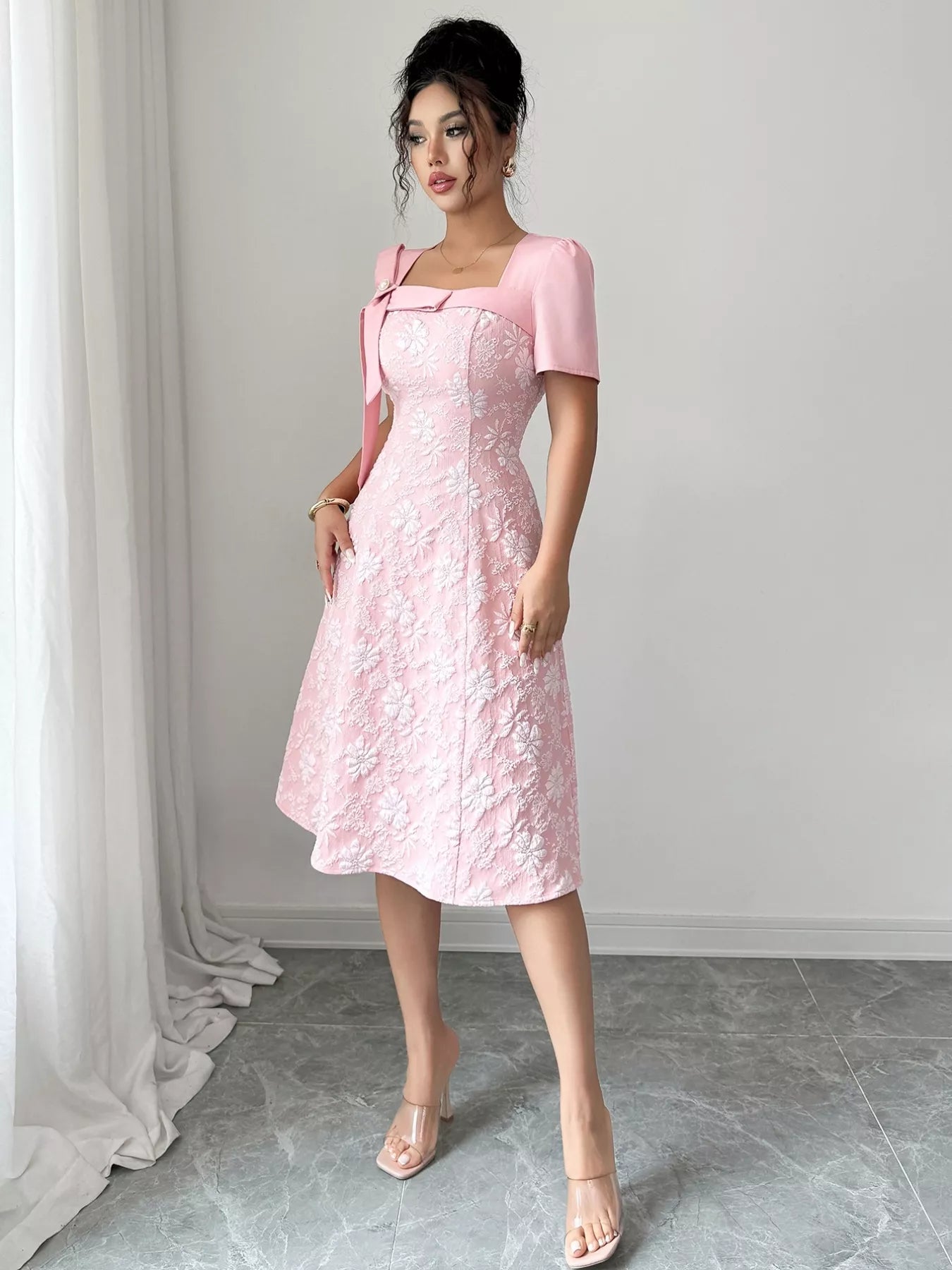 Bow Detail Square Neck Short Sleeve Dress OutfitFlow