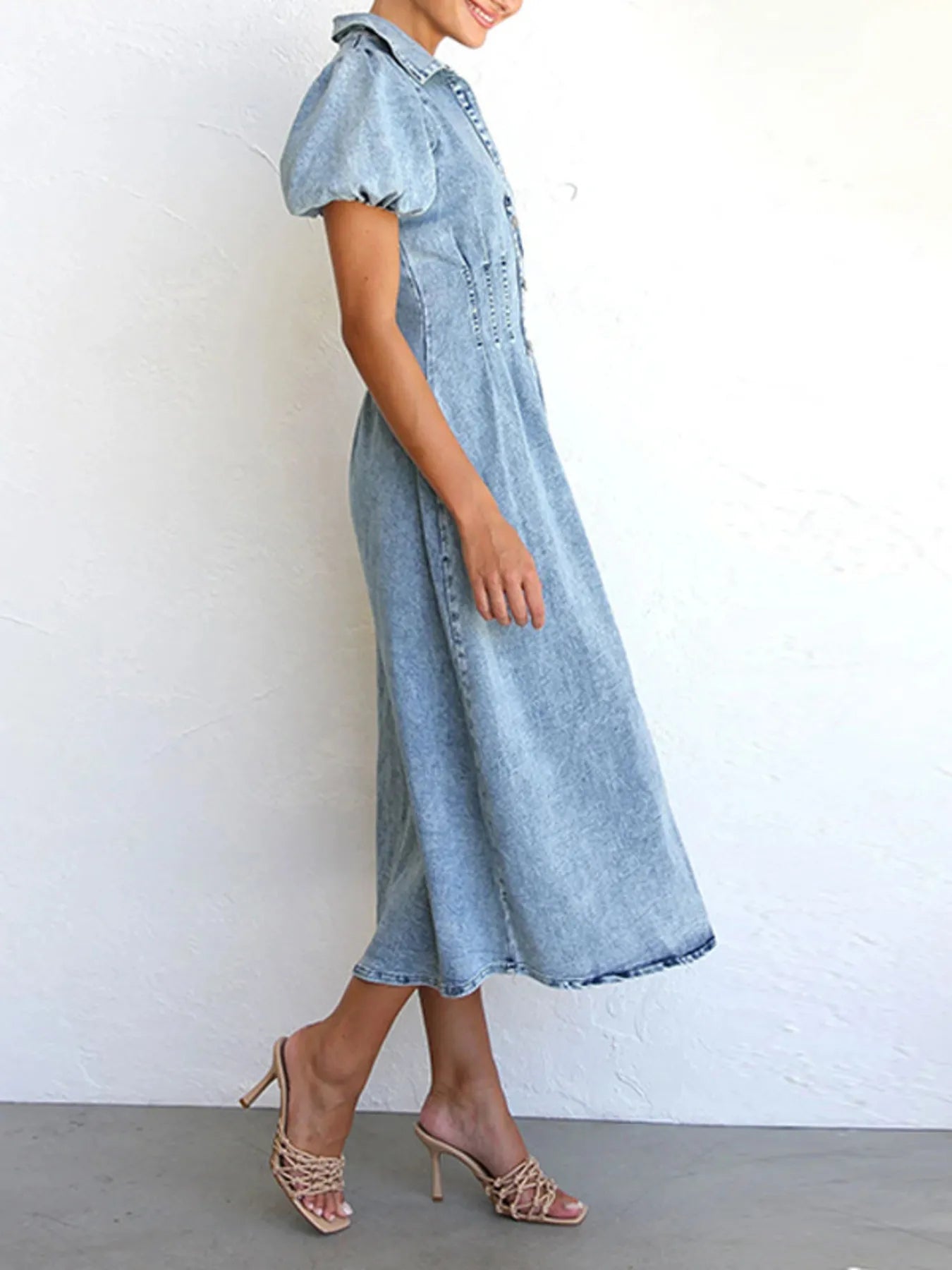 Puff Sleeve Button Front Denim Midi Dress OutfitFlow