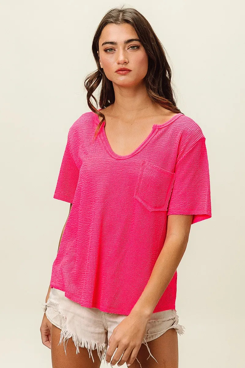BiBi Waved Rib U Neck Top With Front Pocket OutfitFlow