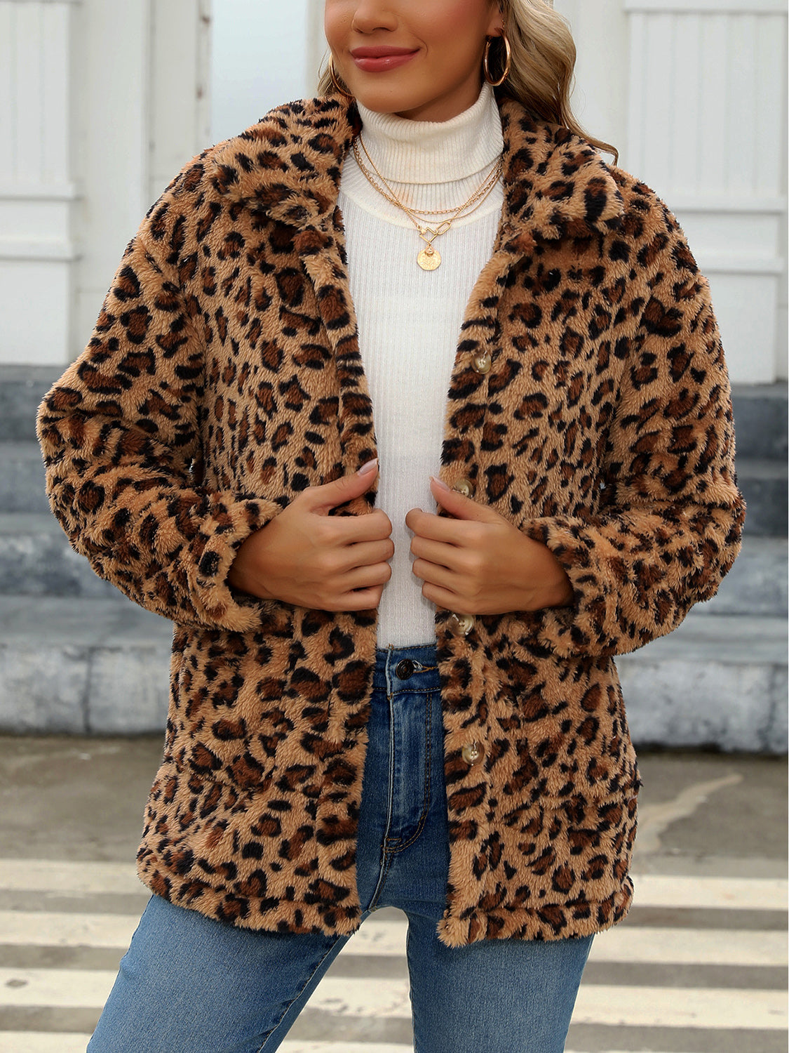 Outfit Flow - Button Up Drop Shoulder Fuzzy Jacket