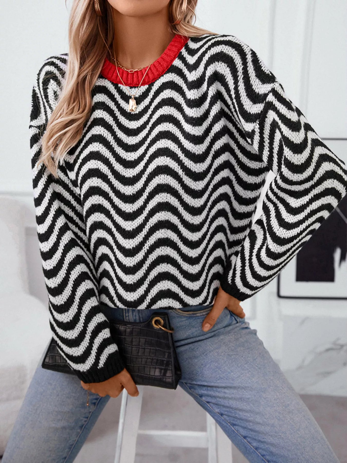 Wavy Striped Round Neck Sweater Black Trendsi