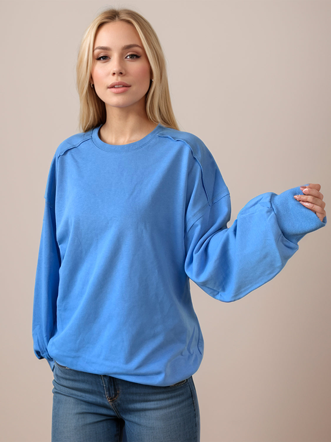 Outfit Flow - Exposed Seam Round Neck Long Sleeve Sweatshirt