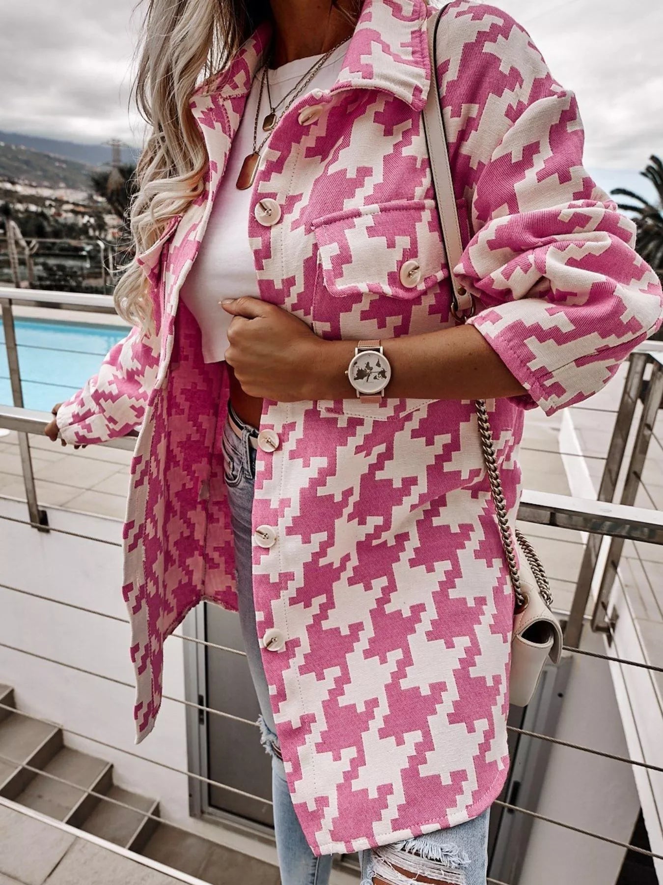 Houndstooth Button Up Long Sleeve Outerwear OutfitFlow
