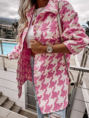 Houndstooth Button Up Long Sleeve Outerwear OutfitFlow