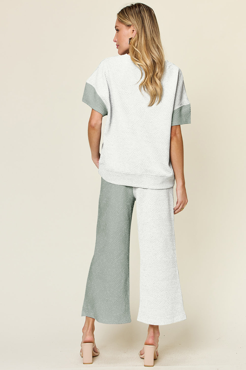 Outfit Flow - Double Take Full Size Texture Contrast T-Shirt and Wide Leg Pants Set