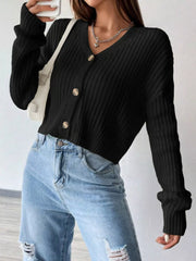 V-Neck Button-Up Cardigan Black OutfitFlow