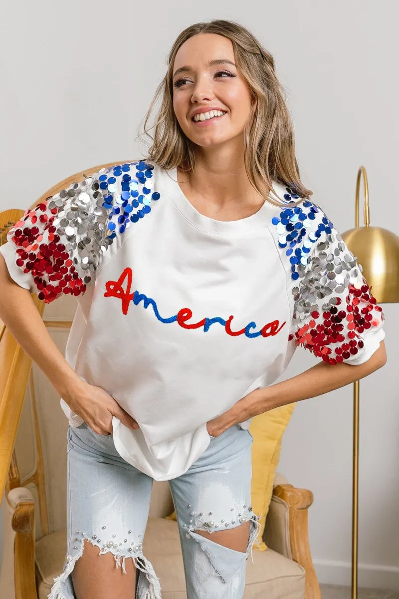 BiBi America Letter Applique Spangle Puff Sleeves Top OutfitFlow