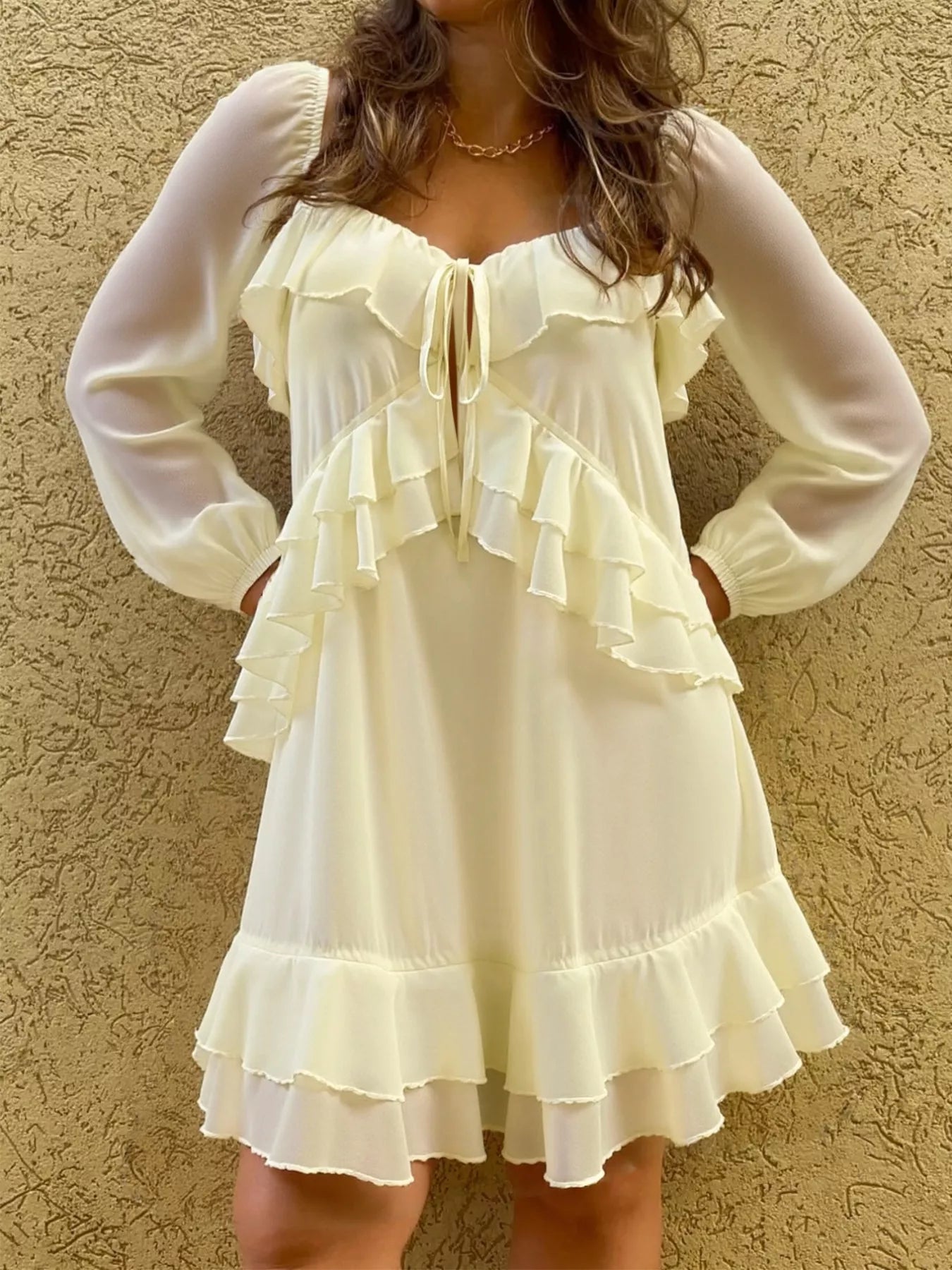 Ruffle Trimmed Long Sleeve Mini Dress Cream OutfitFlow