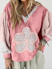 Floral Patch V-Neck Sweatshirt OutfitFlow