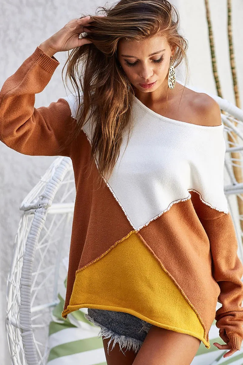BiBi Color Block Geometric Sweater OutfitFlow