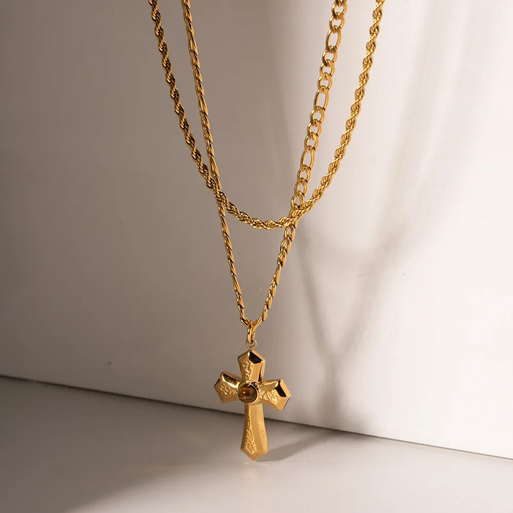18K Gold-Plated Layered Cross Pendant Necklace OutfitFlow