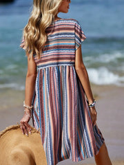 Striped V-Neck Short Sleeve Dress OutfitFlow