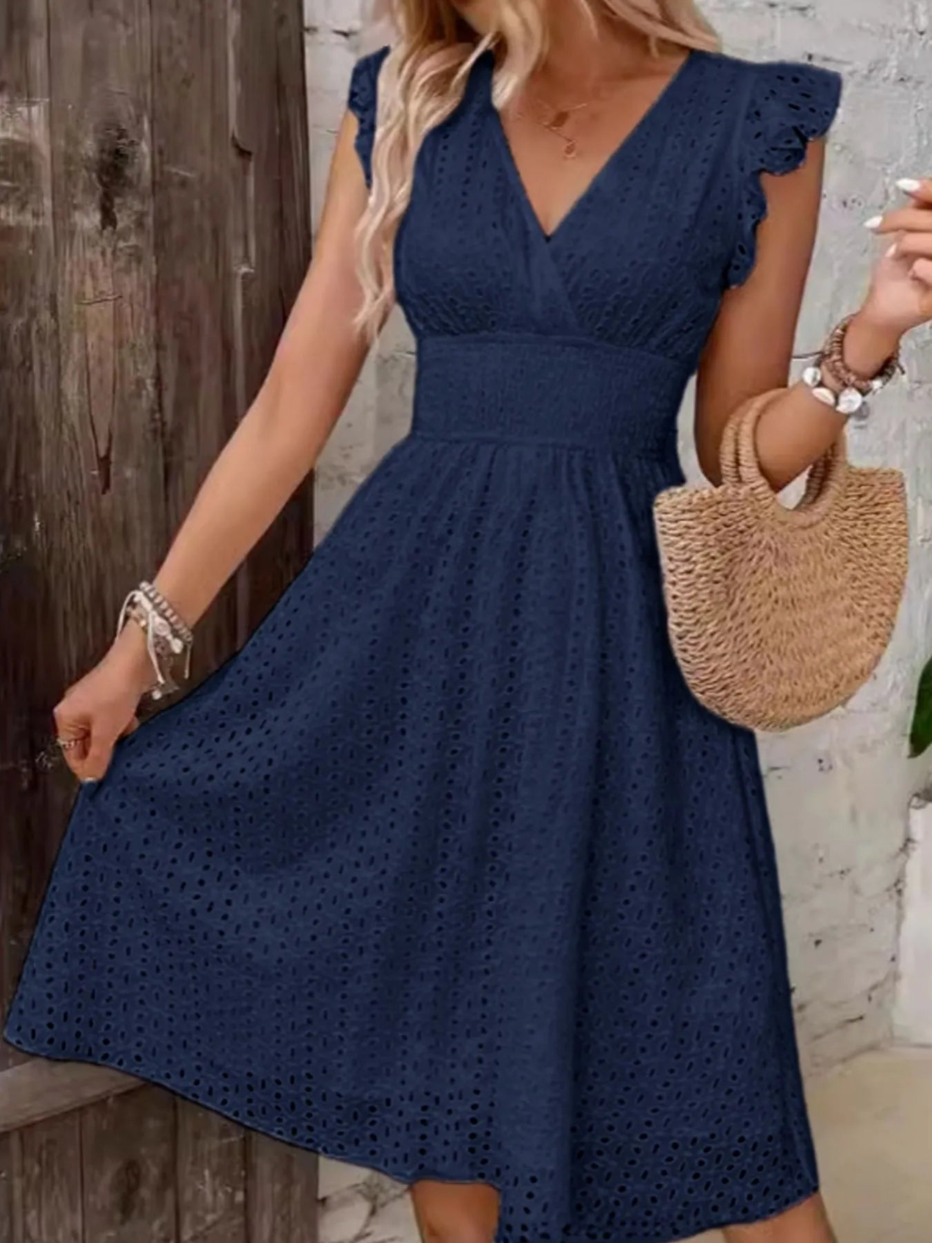 Eyelet Ruffled Cap Sleeve Mini Dress OutfitFlow