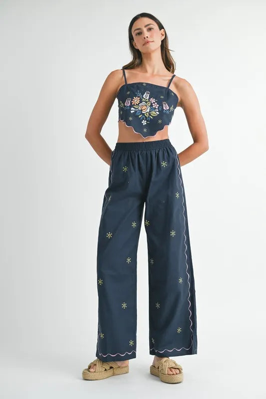 MABLE Linen Embroidered Scarf Top and Pants Set OutfitFlow
