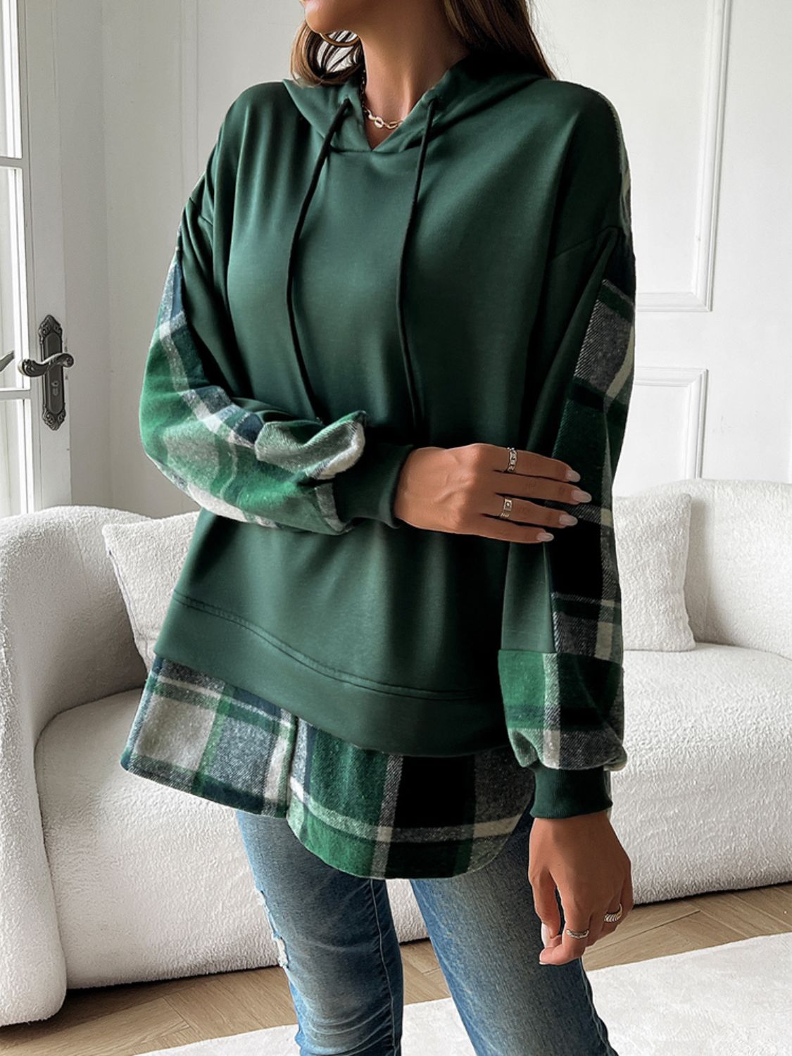 Devine Drawstring Plaid Long Sleeve Hoodie Dark Green OutfitFlow