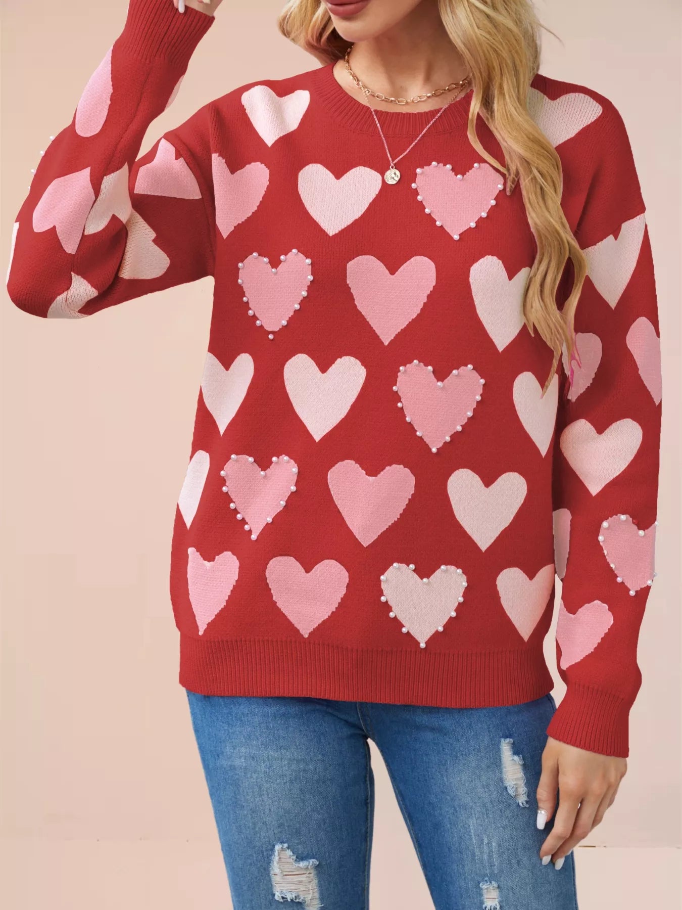 Heart Pattern Beaded Round Neck Sweater Red OutfitFlow