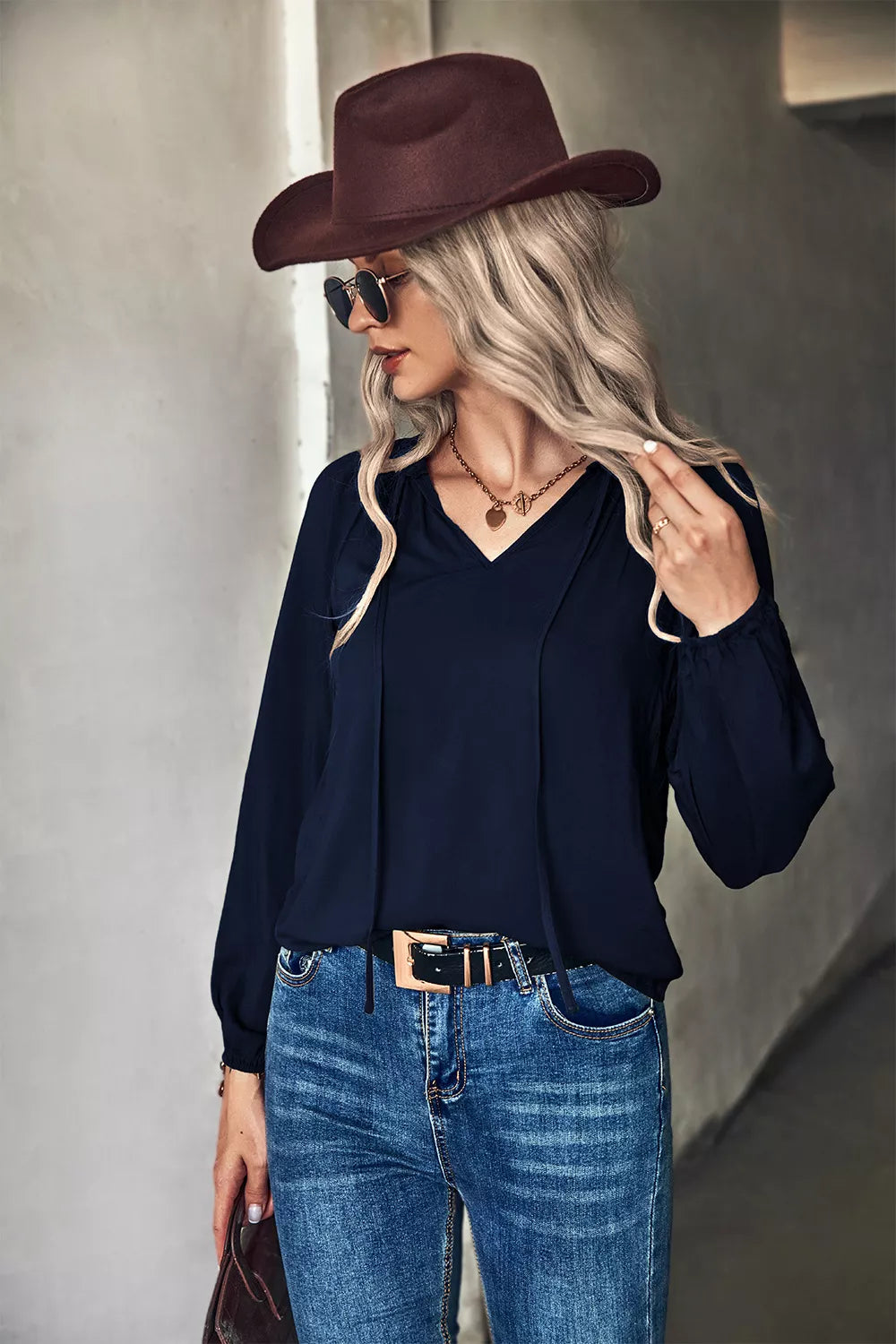 Tie Neck Long Sleeve Blouse OutfitFlow