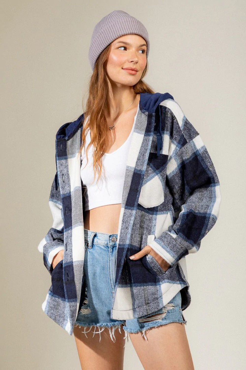 Outfit Flow - Drawstring Plaid Dropped Shoulder Hooded Jacket