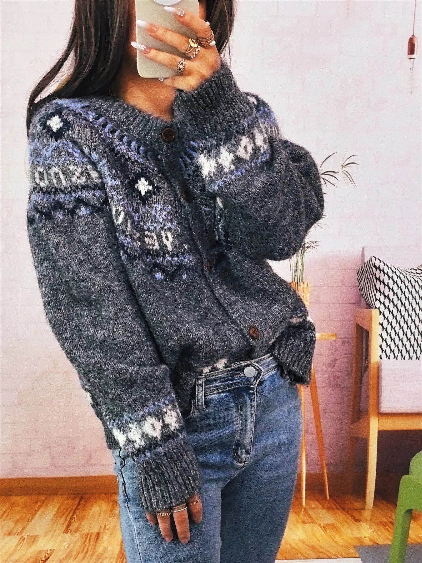 Geometric Pattern Button Up Long Sleeve Cardigan OutfitFlow