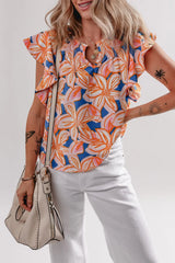 Flower Print Notched Neck Ruffle Sleeve Blouse Pale Blush OutfitFlow