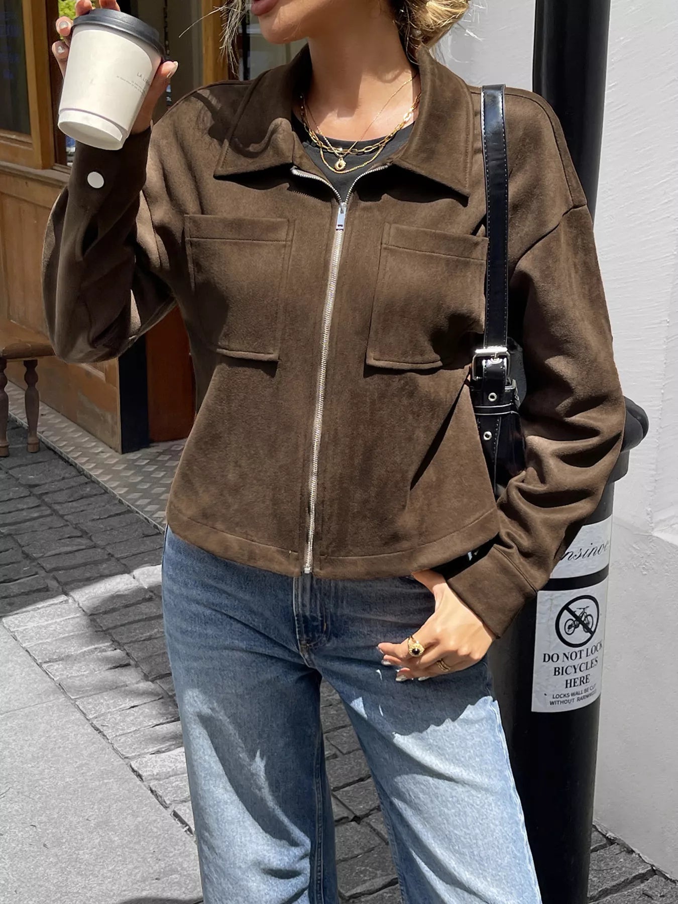 Casual Long Sleeve Zip-Up Jacket Brown OutfitFlow