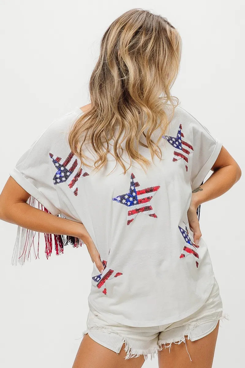 BiBi American Flag Sequin Star Fringe Top OutfitFlow