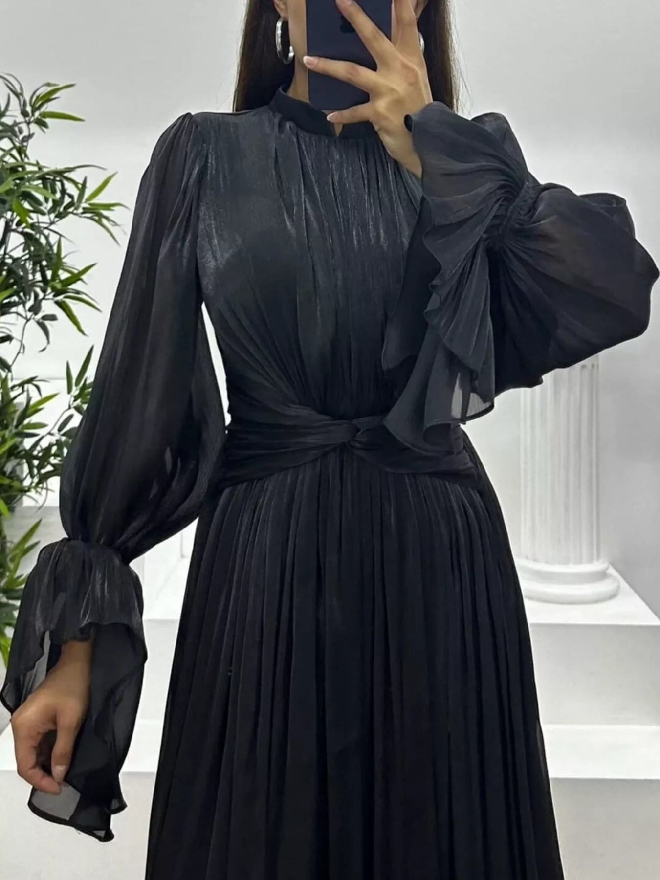 Pleated Mock Neck Long Sleeve Maxi Dress OutfitFlow