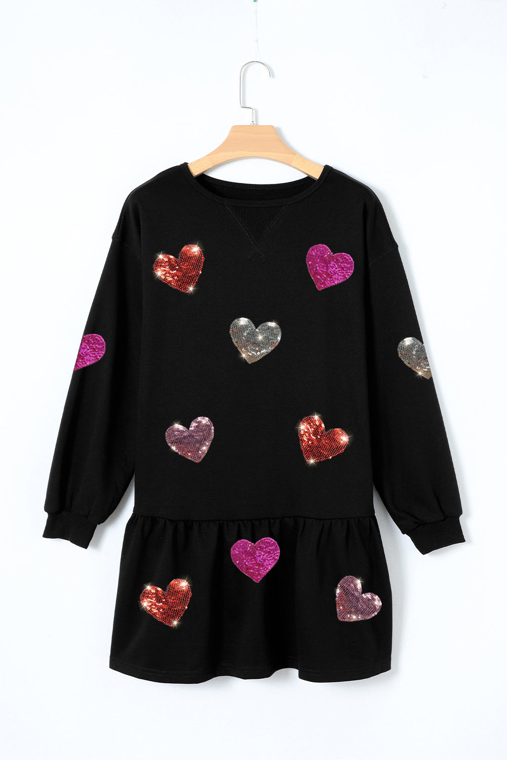 Outfit Flow - Sequin Heart Round Neck Long Sleeve Mini Dress