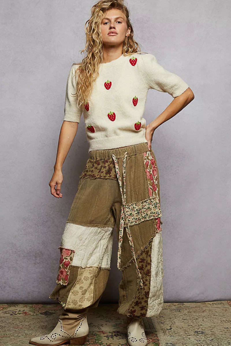 POL Round Neck Strawberry Patch Sweater with Shirring Shoulder OutfitFlow