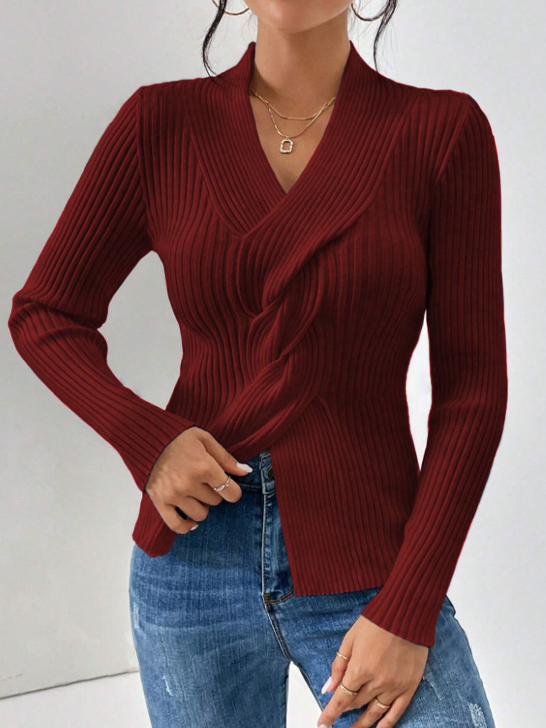 Outfit Flow - Twist Front Ribbed Long Sleeve Sweater