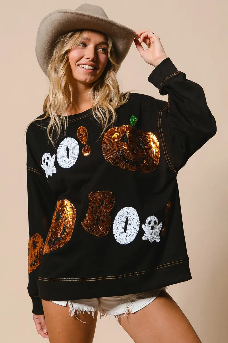 BiBi Halloween Theme Sequin Embroideries Sweatshirt BLACK Trendsi