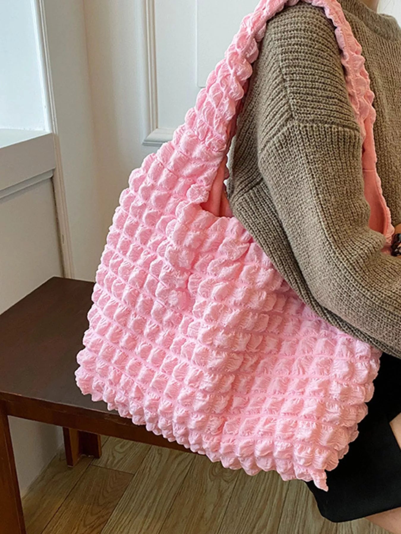 Textured Ruched Shoulder Bag OutfitFlow