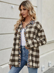 Outfit Flow - Leopard Trim Plaid Collared Neck Long Sleeve Shirt