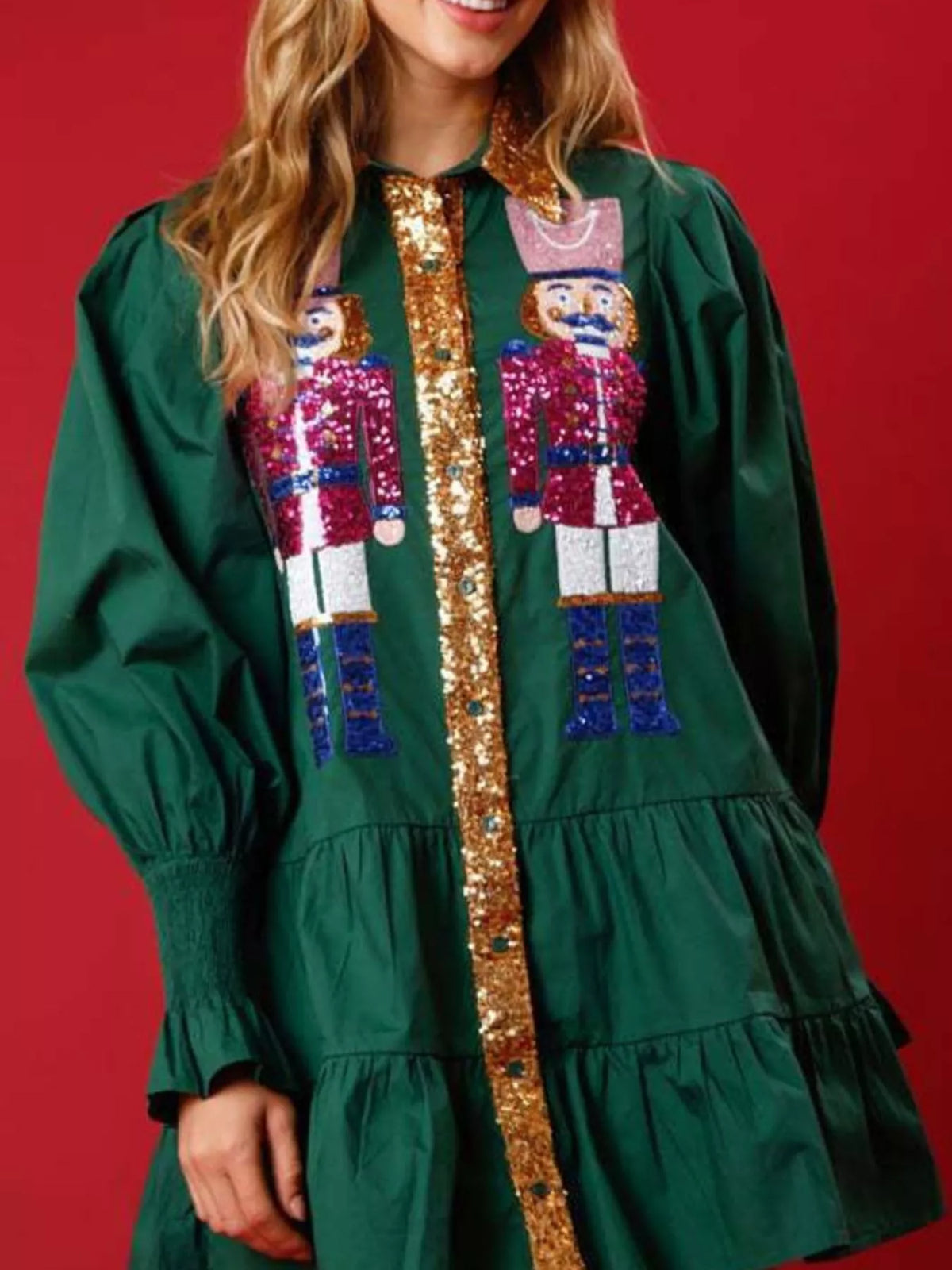 Full Size Christmas Sequin Nutcracker Tiered Shirt Dress Plus Size Green OutfitFlow